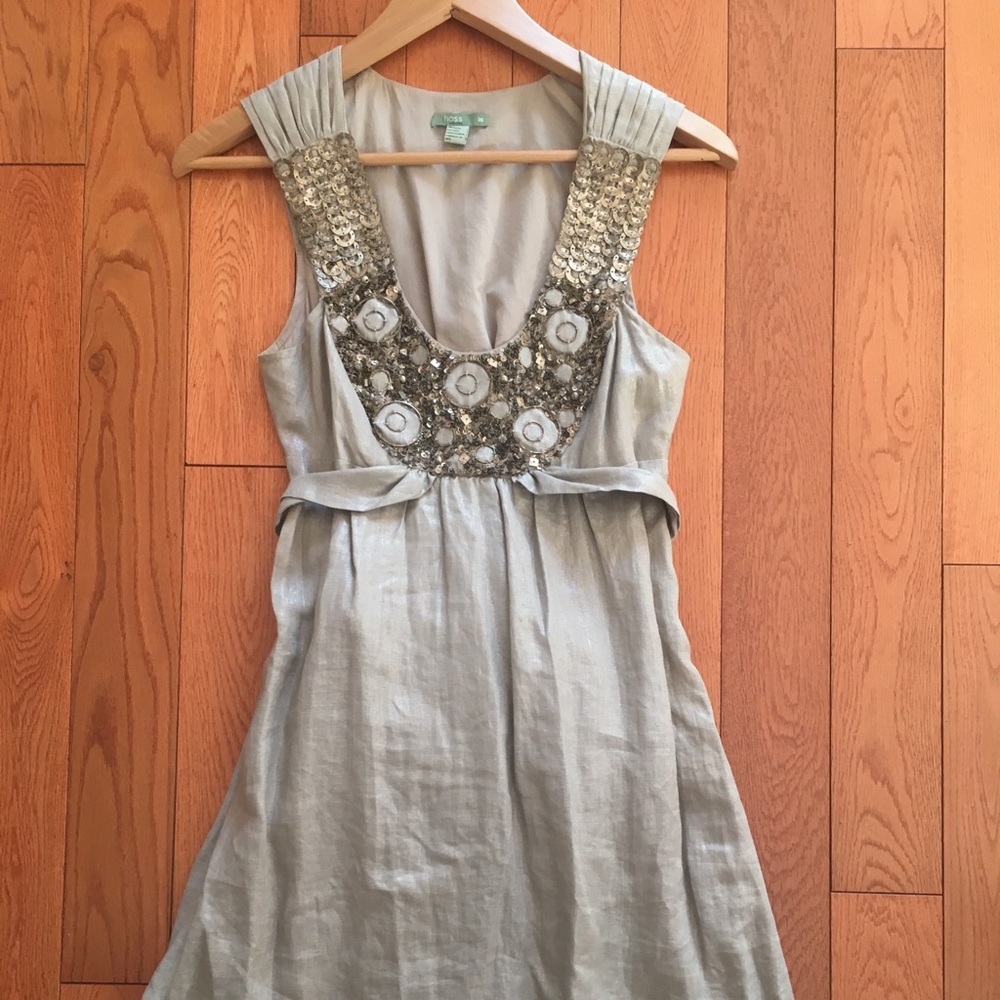 Hoss Anthropologie BHLDN silver linen dress